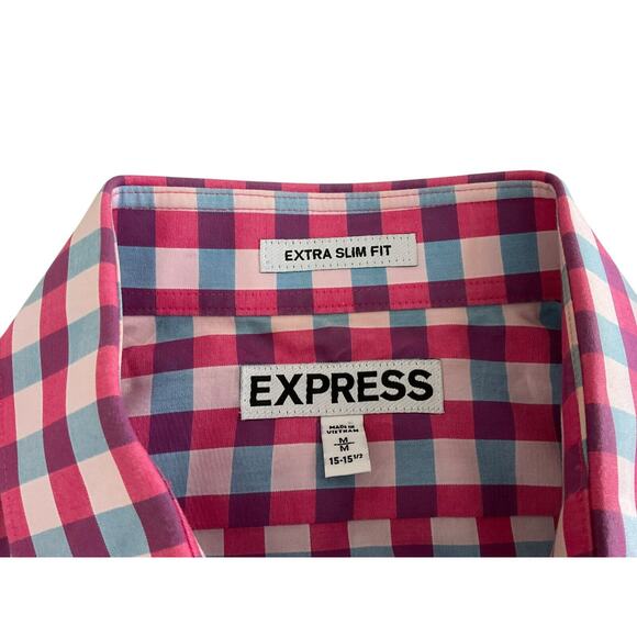 Express Extra Slim Fit Gingham Check Button Up Shirt M Pink Blue White - Picture 6 of 9